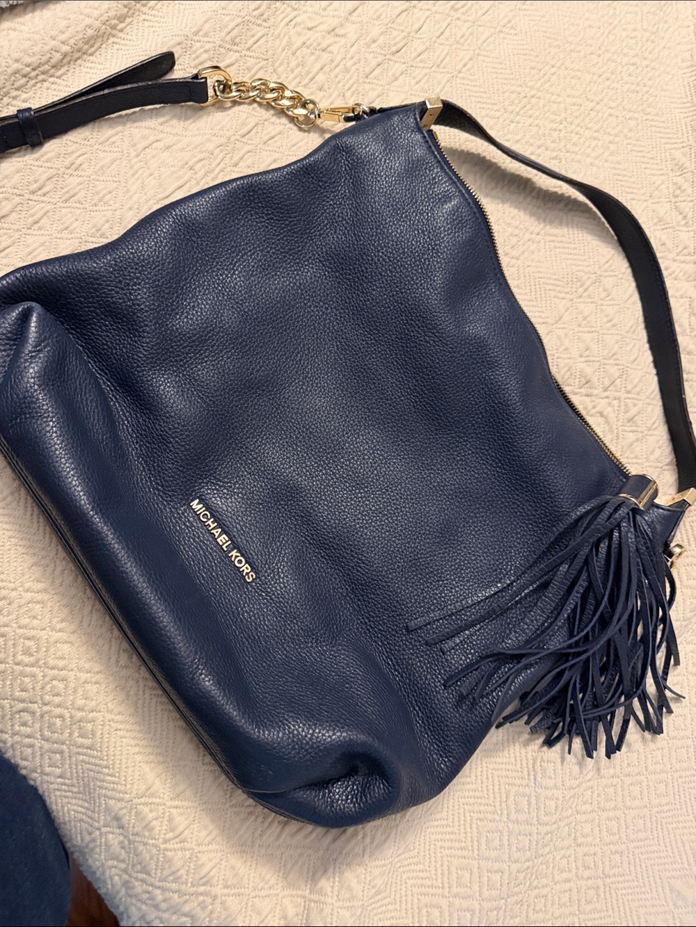Michael Kors Navy Pebbled Leather Tassel Shoulder Bag with Gold Hardware
